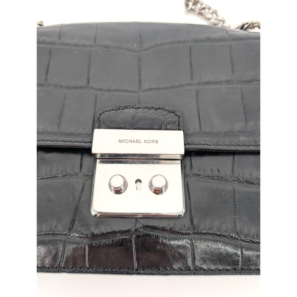 Michael Kors Sloan Editor Black Leather Crocodile Embossed Chain Strap Handbag - Picture 5 of 14